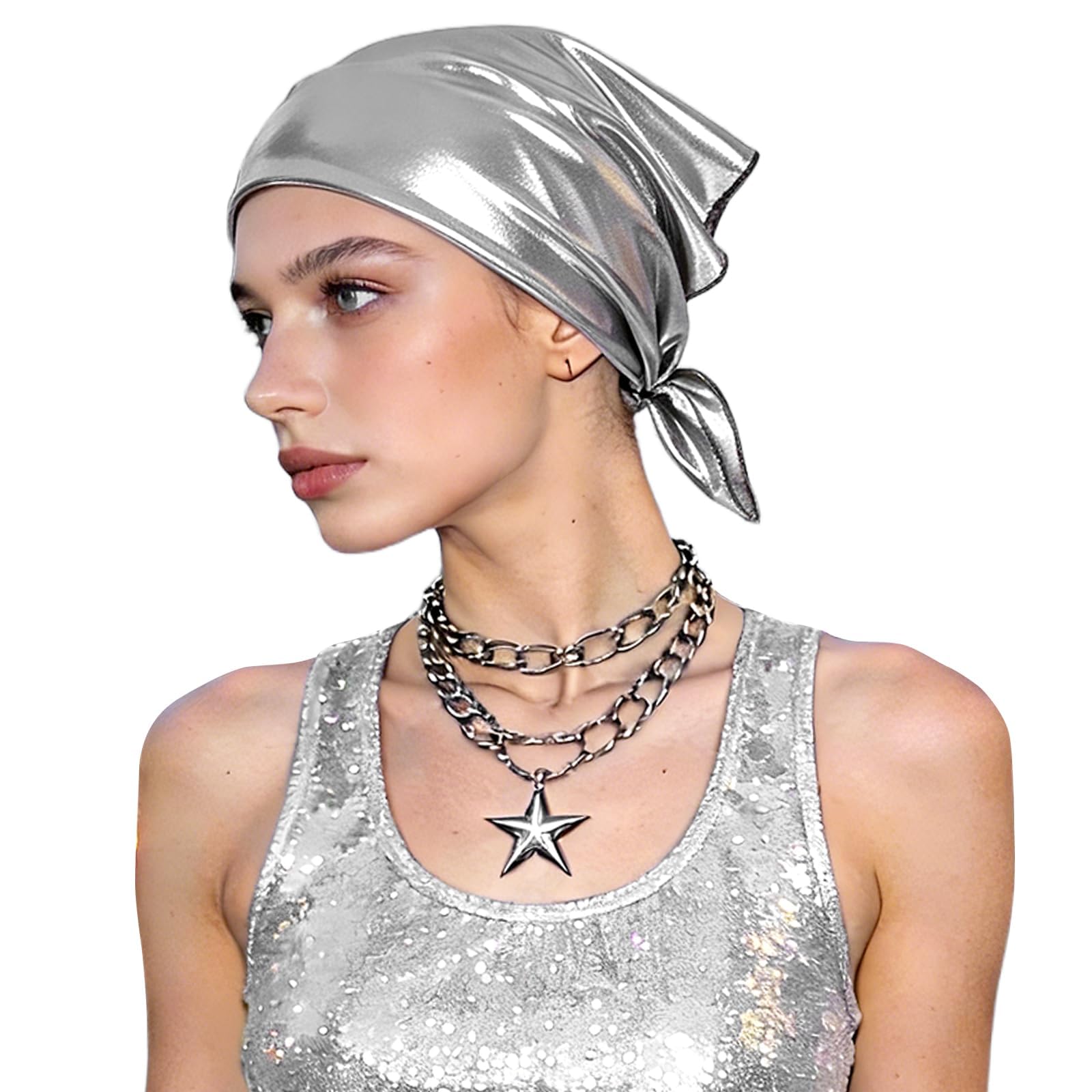 tarini Hair Bandanas for Women, Silver Metallic Bandana, Shiny Square Head Wrap Scarf, Punk Grunge Headband Scarf, Hip Hop Street Style Neck Headscarf for Disco Concert, Party Cosplay & Daily Fashion-picture-33