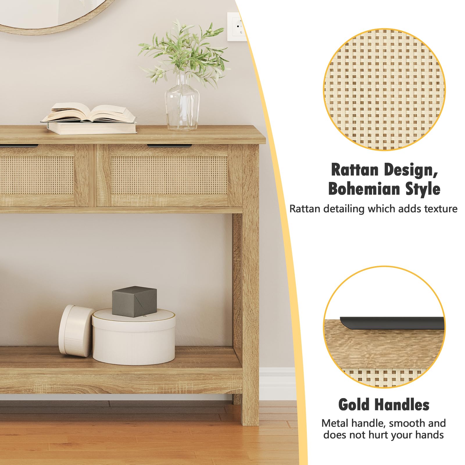 Mesa consola de ratán bohemio con 3 cajones de almacenamiento, estrecha y larga detrás del sofá, mesa para sala de estar, mesa auxiliar de entrada, pasillo, vestíbulo, natural, 47 pulgadas 5