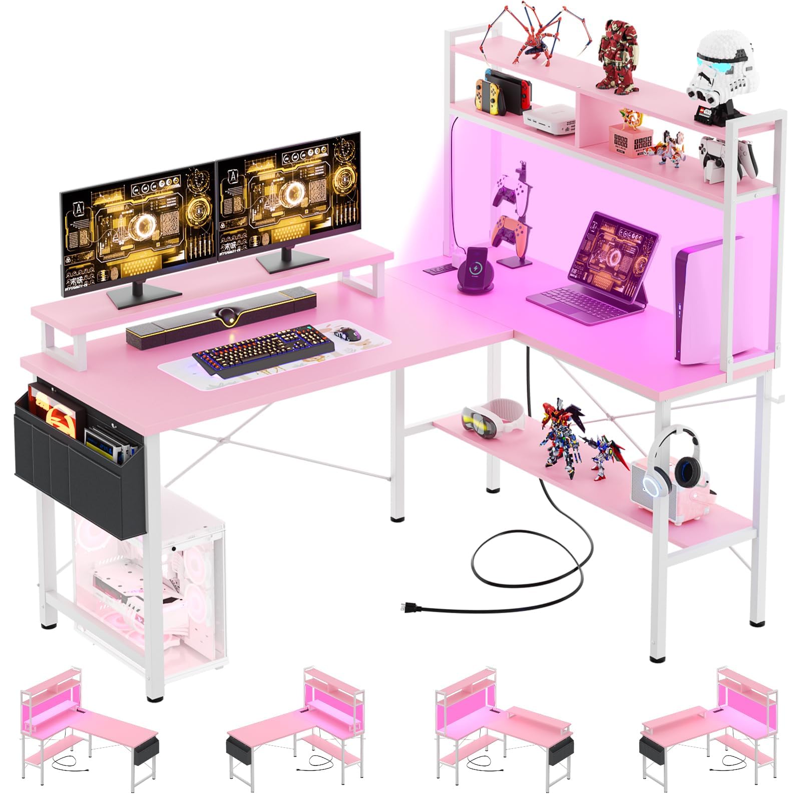 iSunirm L Shaped Gaming Desk with Power Outlets & LED Lights, Small L- Shaped Computer Corner Desk with Monitor Stand & Storage Shelf, Gaming Table with Storage Bag, Pink