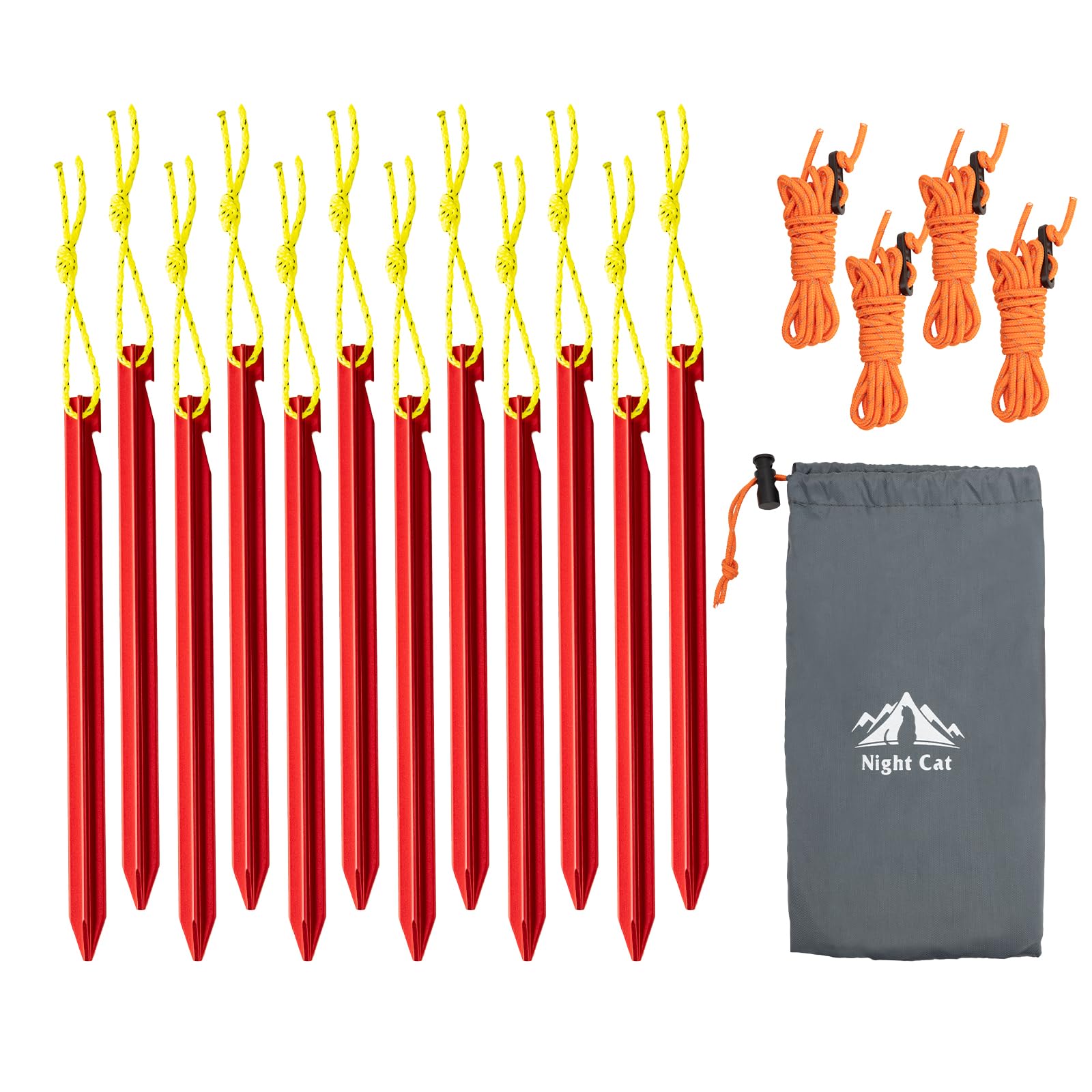 Estacas para tienda de campaña Night Cat de aluminio con cuerdas reflectantes kit de 12