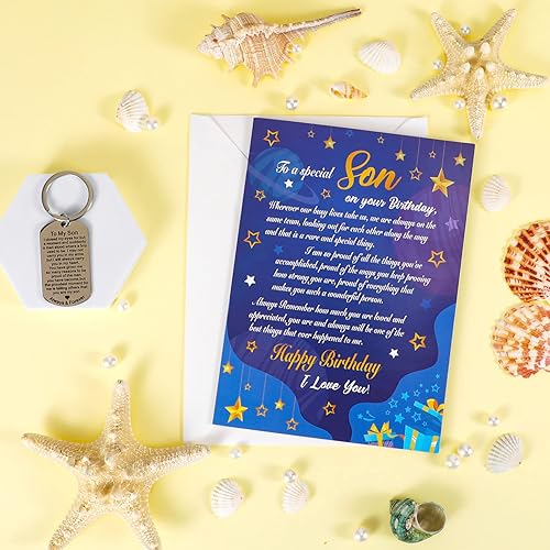 Miniatura 4 de DPKOW Regalos de cumpleaños modernos para hijo - Juego de llavero y tarjeta de flores y estrellas