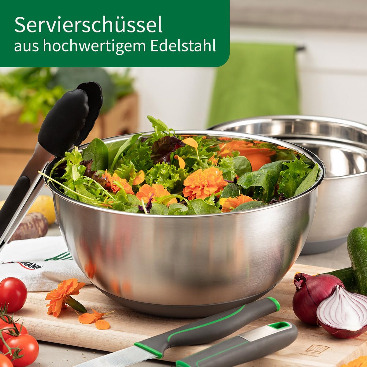 FACKELMANN Chefkoch trifft 3-teiliges Premium Schüsselset aus Edelstahl, inkl. Antirutschboden aus Silikon, 1,25l, 2,5l, 4l, ideal für Salate, Teige & mehr, spülmaschinengeeignet