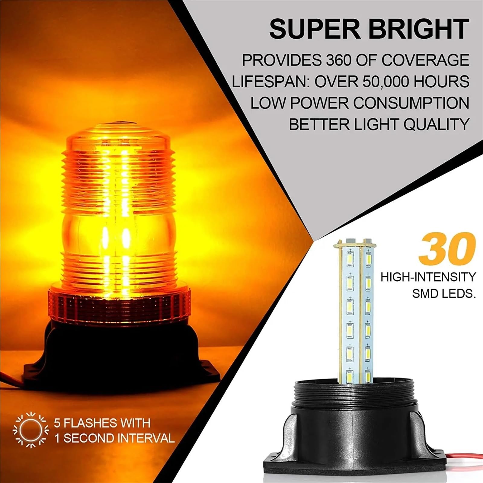 Baliza de emergencia con 30 LED de alta potencia (12-24 V, 48 V, 60 V, 80 V) for montacargas, camiones y autobuses escolares (ámbar, azul, rojo).(Yellow)