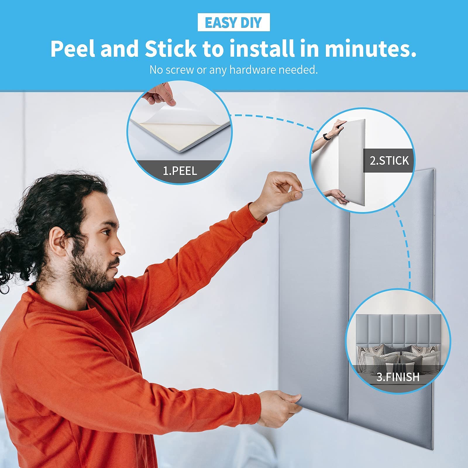 Art3d Peel and Stick Headboard for Full and Queen in Grey, Pack of 9 Panels Sized 9.84" x 23.62", 3D Soundproof Wall Panels, Upholstered Wall Panel