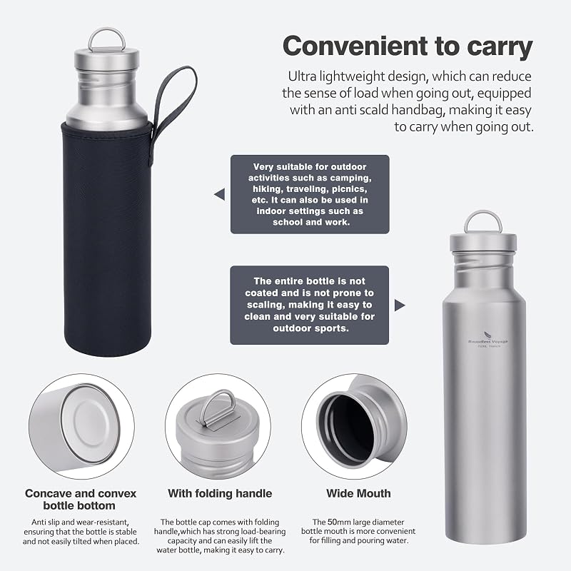 Boundless Voyage Titánium Kulacs 750ml - Ultrakönnyű Túra Sportpalack Titán Fedéllel Kempingezéshez, Kerékpározáshoz, Túrázáshoz