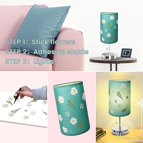 Miniatura 3 de LUMIMAN Lámpara de flores prensadas con puertos de carga USB-A+C, lámpara de noche LED de lino de 8 W, base de madera, bonita lámpara de escritorio