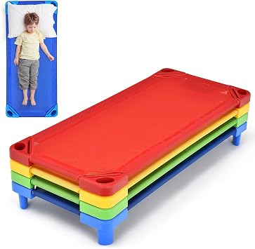 Stackable Daycare Cots for Kid -Pack of 4, Portable Preschool Cots, 52" L x 23" W, Ready-to-Assemble, Space-Saving Toddler Nap Cot for Sleeping, Resting, Naptime, Nursery 4, Multicolor
