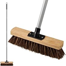 12IN Outdoor Garden Broom Heavy Duty with Long Handle(55IN), Yard Sweeping Brush with Natural Bassine Hard Bristle & Metal Poles, Stiff Broom for Decking Driveway Garage Garden Yard Patio