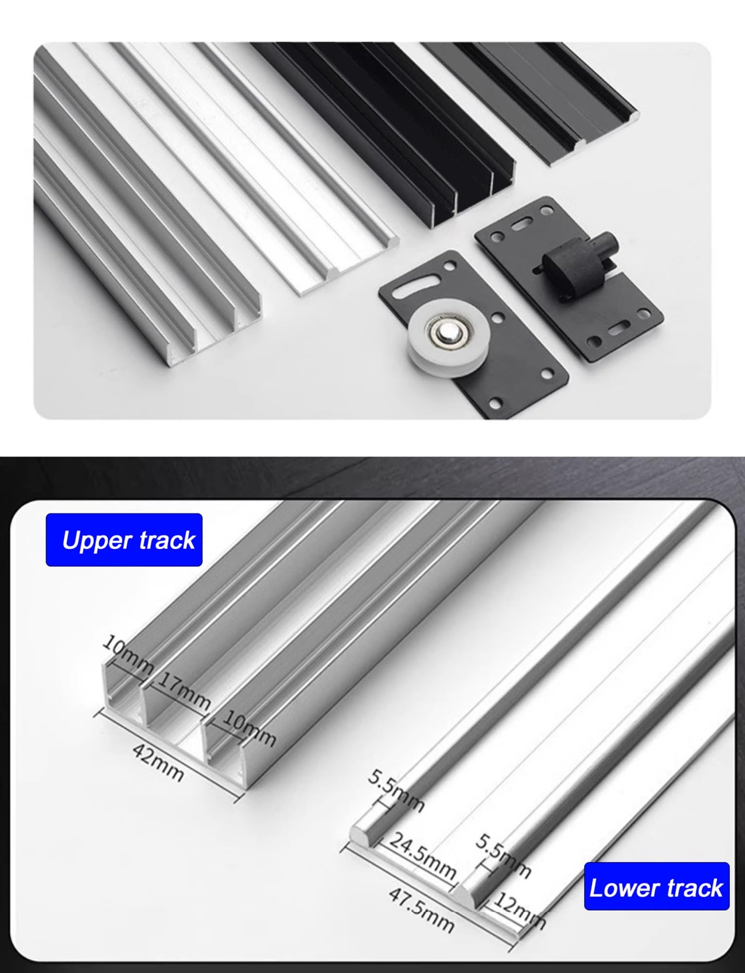 Kit de herrajes para puerta corredera de armario, riel superior e inferior ajustable con rodillos para un funcionamiento suave