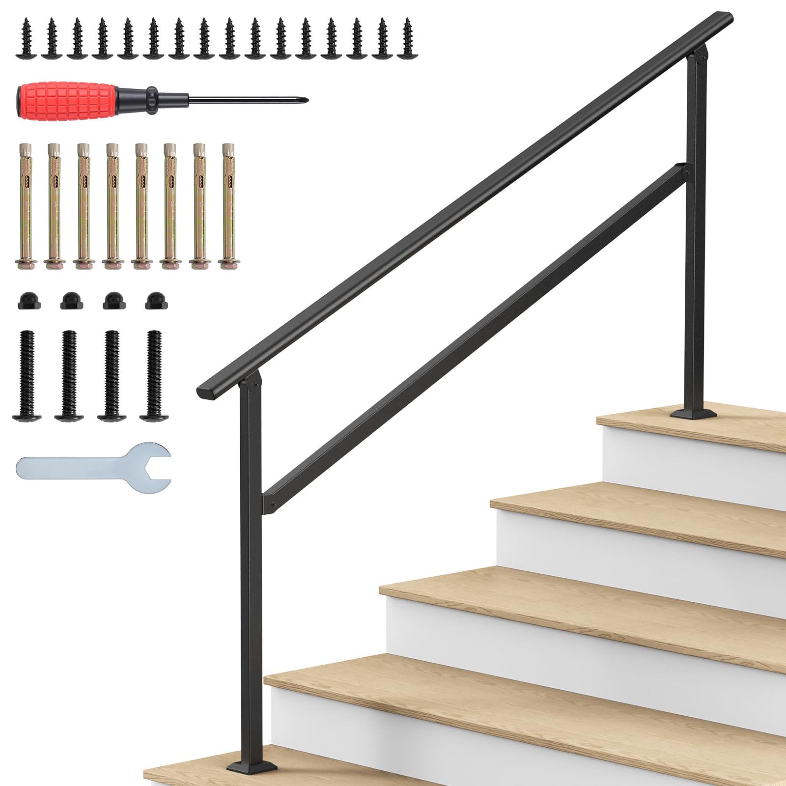 hand rails for outdoor steps 4-5 steps wrought iron handrails | stair railing for porch, home, garden, indoor, staircase handrails for wooden, cement, brick, marble (5 steps)
