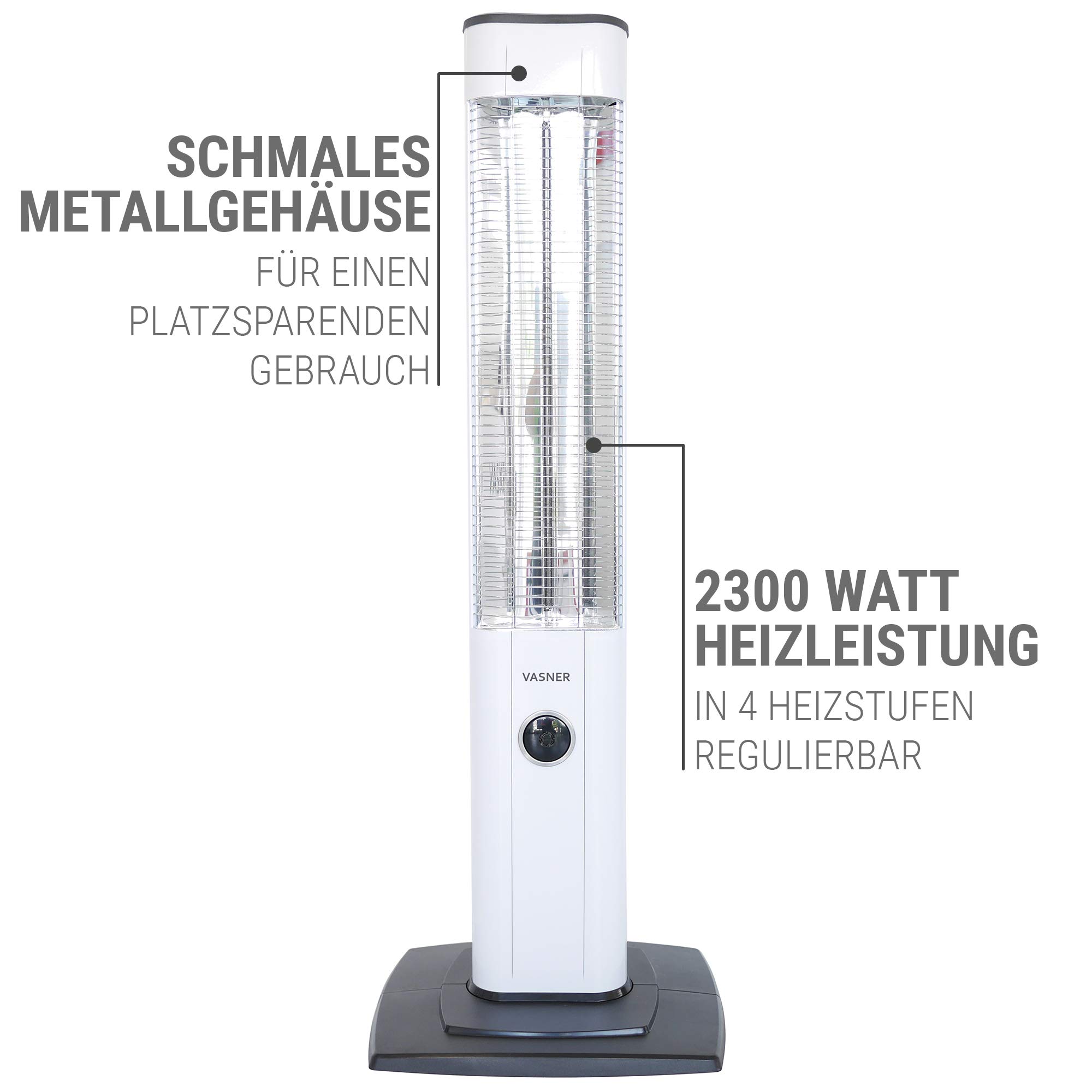 VASNER StandLine 23R – Infrarot Stand-Heizstrahler 2300 Watt 4 Stufen Dimmer Fernbedienung Infrarotstrahler elektrisch Standgerät für wettergeschützte Außenbereiche (Weiß)