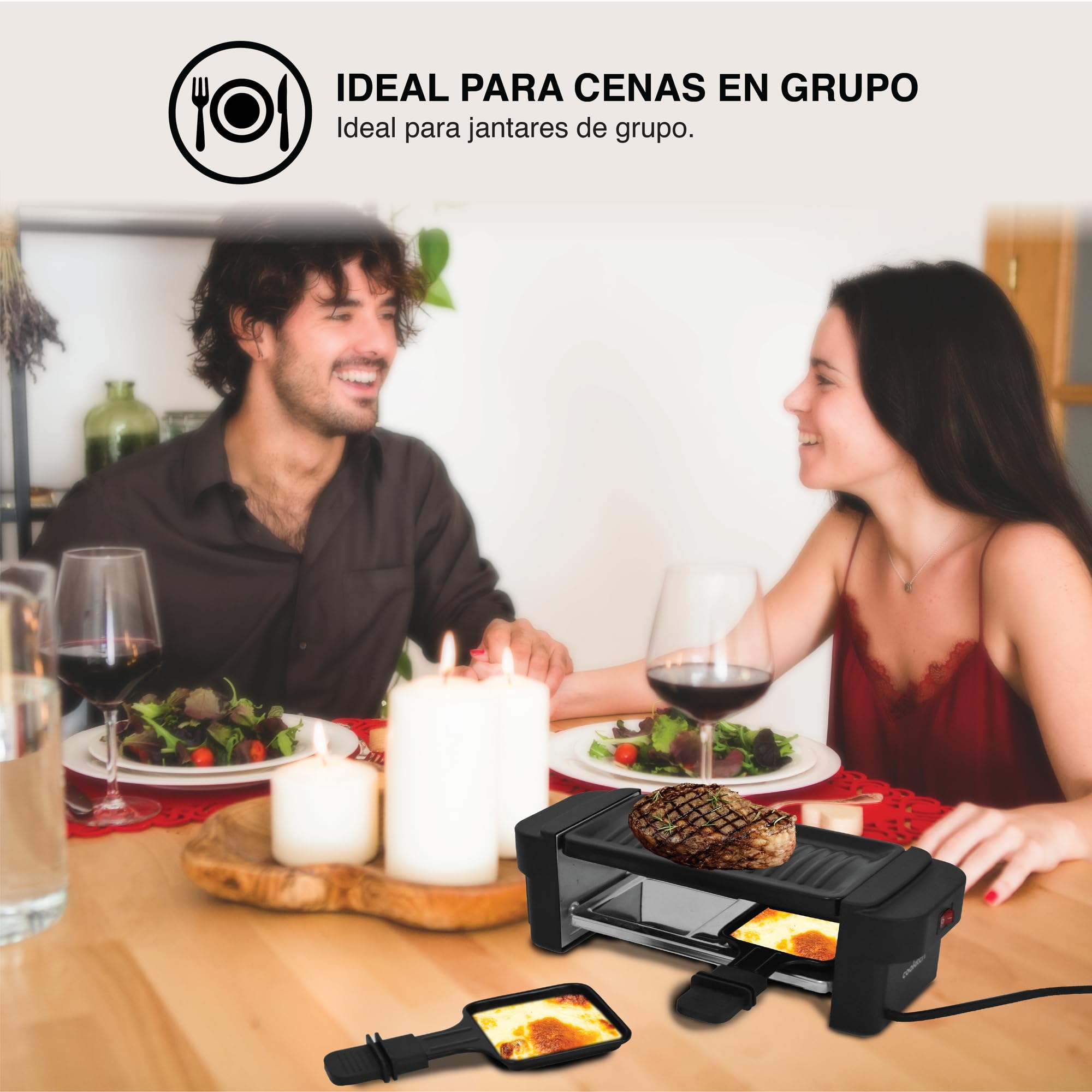 Raclette Eléctrica para 2 Personas – 400W, Placa de Hierro Fundido Extraíble, Superficie Antiadherente, Voltaje 220–240V, 2 Sartenes, Ideal para Parrilladas Saludables