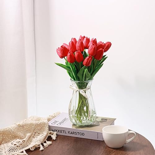 Miniatura 3 de 10 piezas de tulipanes artificiales rojos de poliuretano, tulipanes sintéticos de un solo tallo de flores de tacto real, flores falsas para