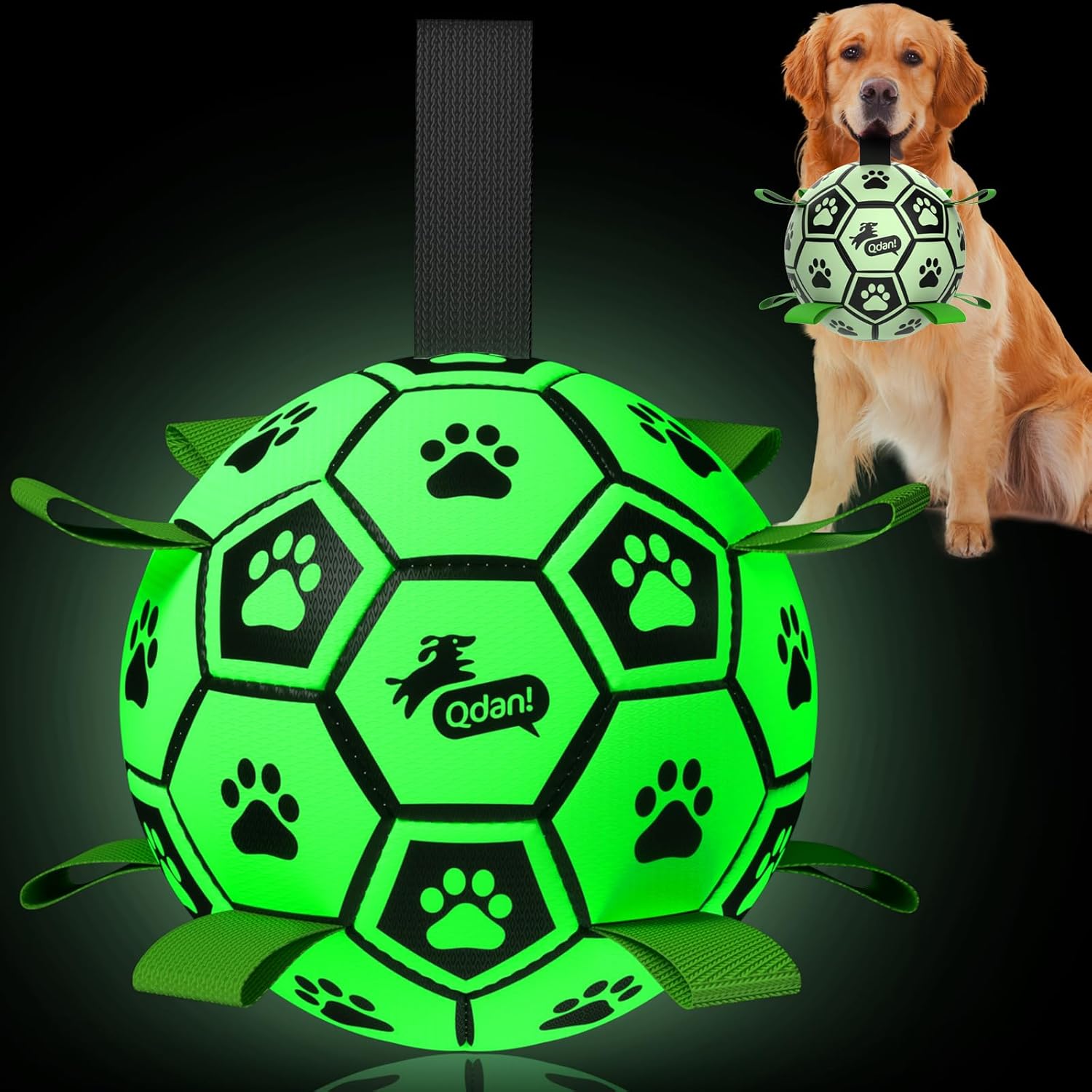 QDAN Dog Ball, Glow in The Dark Dog Toys, Light Up Soccer Ball for Dogs, Outdoor Dog Toys, Doggy Water Toy, Puppy Birthday Gifts for Medium Large (8 Inch)