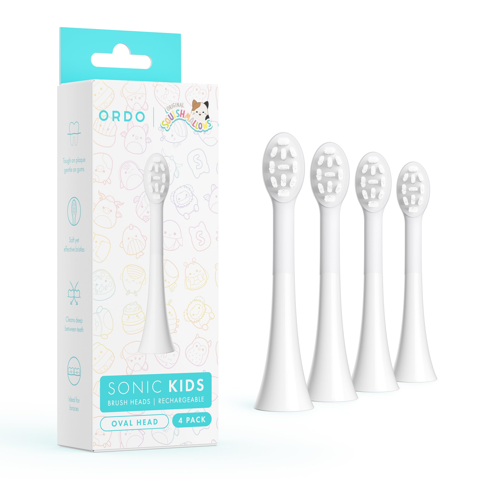 ORDO Sonic Squishmallows Kids Replacement Brush Heads | Compatible with Squishmallows Rechargeable Electric Toothbrush | Soft Bristles | Ages 4+ | Pack of 4