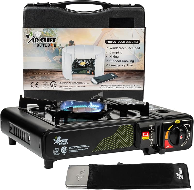 JoChef Portable Butane Camping Stove – 3-Year Warranty, Windshield & Case | Powerful Brass Burner | CSA Certified | Auto ignition | Single burner | Camping, tailgating, road trips & emergencies
