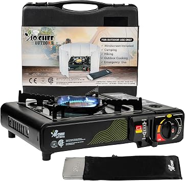 Jo Chef Butane Camping Stove - 9,500 BTU Portable Gas Stove for Camping/Road Trips with Windshield, CSA Certified, Brass Burner, Fast Heat Up Time