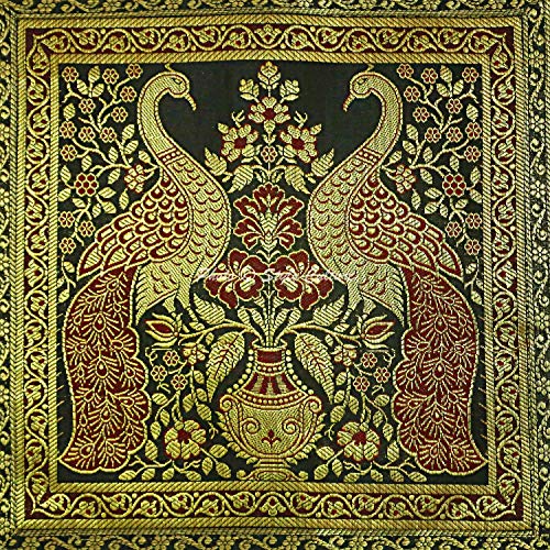 Image of Decorative Brocade Cushion Covers 16x16 Inch Banarasi Jacquard Weave Black & Gold Drawing Room Decor Peacock Traditional Square 40x40 cm Zippered Sofa Settee Pillowcases -Set of 5 Pcs