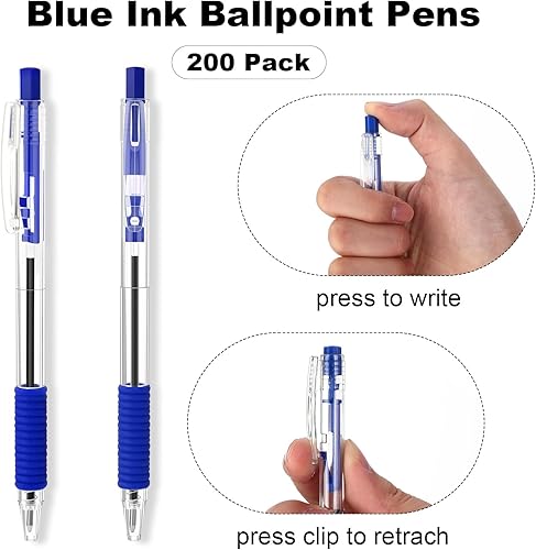 Miniatura 2 de Paquete de 200 bolígrafos de tinta de gel azul a granel, bolígrafos retráctiles de punta de clic de 0.039 pulgadas, escritura suave con agarre