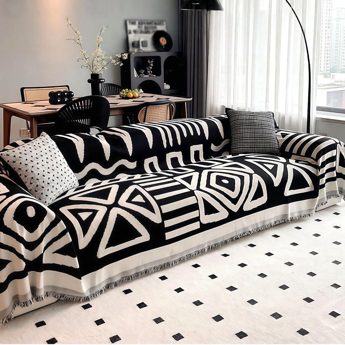 FANSU Sofa Cover 1/2/3/4 Seater, Boho Chenille Sofa Slipcover Sofa Covers Reversible Sectional Couch Cover with Tassel for L Shaped Sectional Sofa, Furniture Protector for All-Season A Black 180x150cm