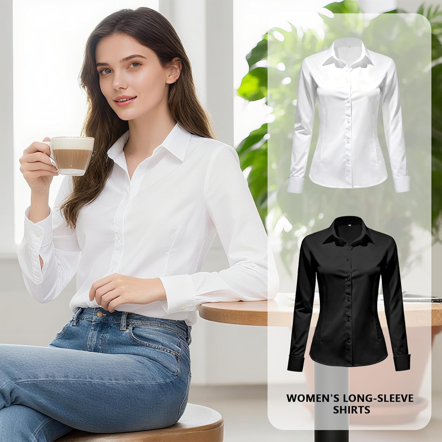 Okdance Camicetta da donna a maniche lunghe, elasticizzata, aderente, formale, con bottoni, per lavoro, lavoro, ufficio, camicette da donna