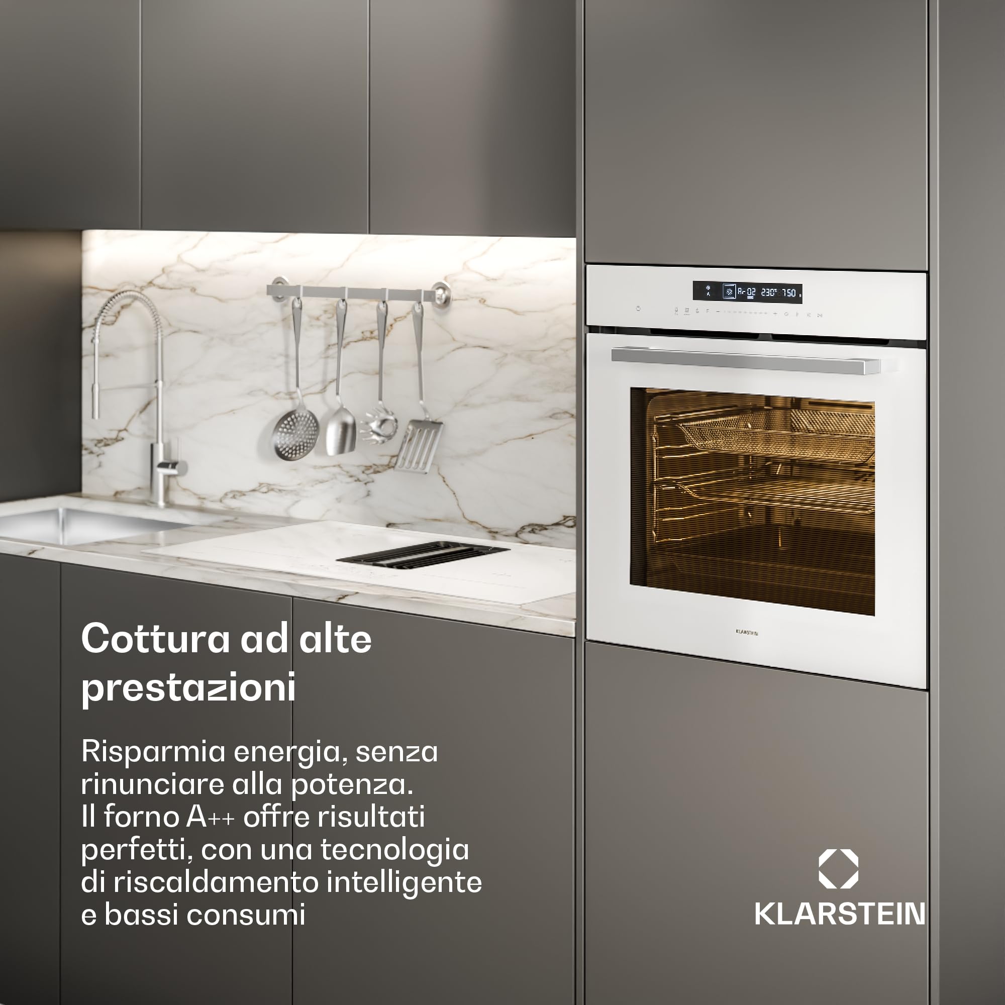 Klarstein Airjet Forno da Incasso 72L - Forno Elettrico Ventilato con Airfryer, 13 Funzioni, Touch, Classe A++, Pulizia Facile, Blocco Bambini, Sonda Temperatura, 60 cm, Bianco