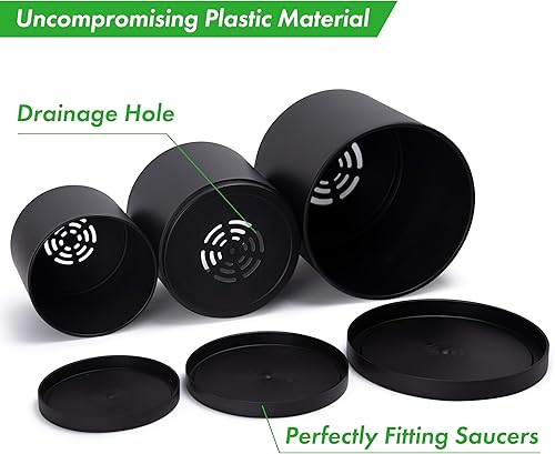 Miniatura 4 de Juego de 3 macetas de plástico color negro para plantas con agujero de drenaje y platillos sin costuras, tamaño grande de 6.5, 8 y 10 pulgadas,