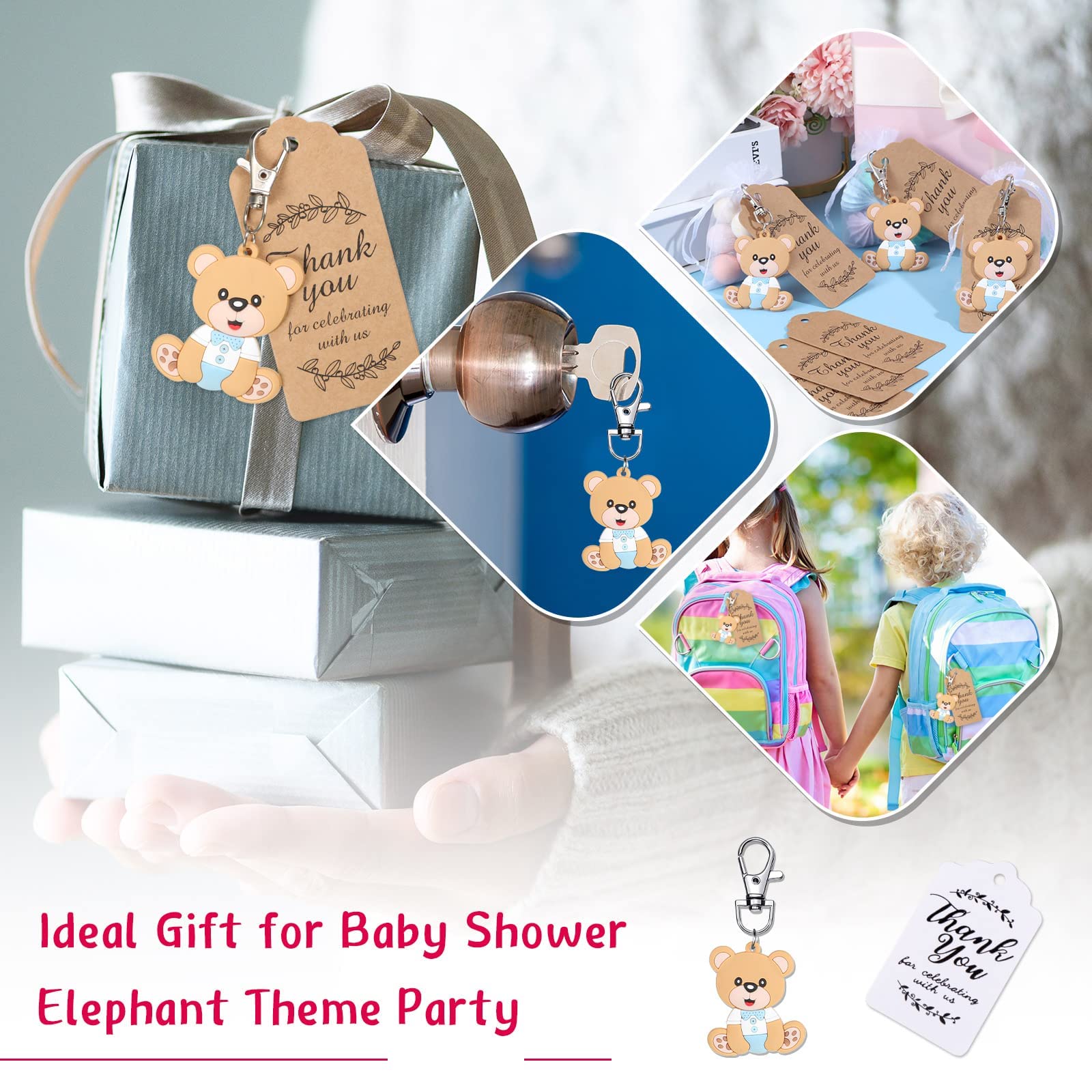 NALACAL 40 Sets Baby Shower Return Favors, Cute Cartoon Bear Keychains with Thank You Tags and Organza Bags, Bear Theme Return Favors Kids Birthday Party Decoration (Blue Bear)
