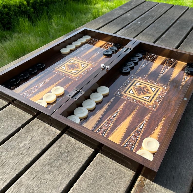 Backgammon grande antiguo de 19 pulgadas para adultos, juego de mesa de madera hecho a mano miniatura 4
