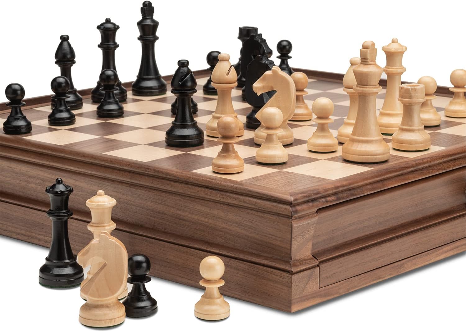 A&A 15 inch Walnut Wooden Chess Sets w/ Storage Drawer / Triple Weighted Chess Pieces - 3.0 inch King Height/ Walnut Box w/Walnut & Maple Inlay / 2 Extra Queen / Classic 2 in 1 Board Games
