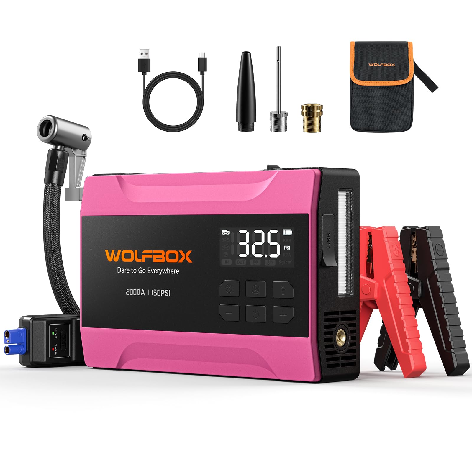 WOLFBOX MV10A 2000A Jump Starter with Air Compressor, 37Wh Car Battery Jumper Starter Portable (up to 5L Gas Engine) with 150PSI Tire Inflator, 12V Jump Box with Jumper Cables, Boost, LED Light