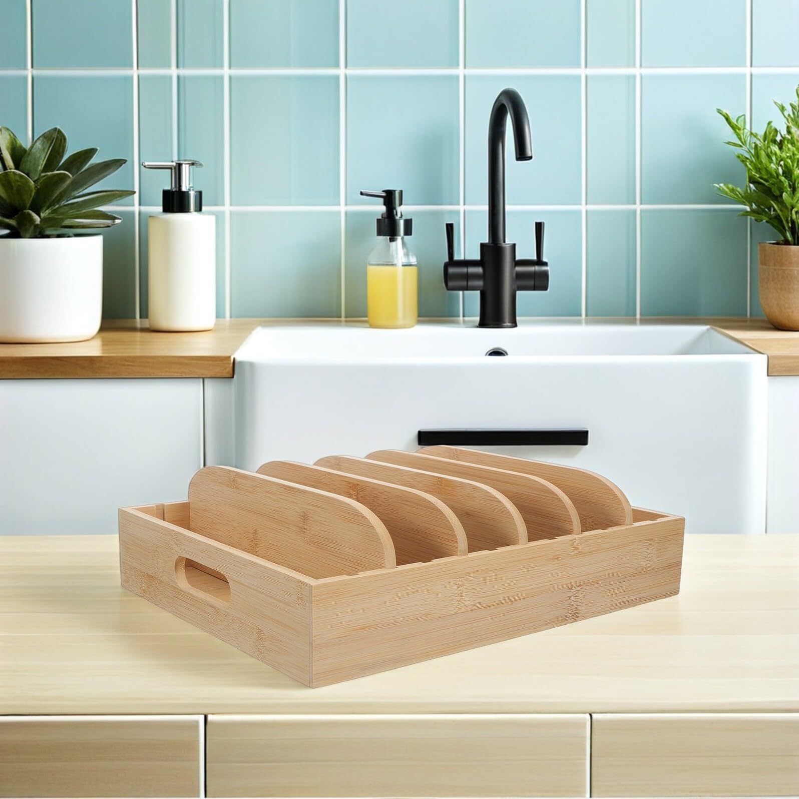 Organizer e 6 Scomparti in Bambù per Coperchi da Cucina con 5 Divisori Regolabili Contenitore per Alimenti con Maniglie Ergonomiche, per Profondi