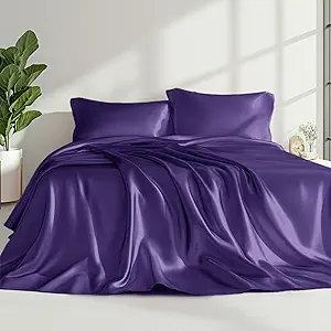 Love's cabin Satin Queen Sheets Set - 4 Piece Purple Silky Bed Sheets Set with Deep Pocket, Luxury Silk Feel Satin Queen Size Sheet Set (1 Flat Sheet,1 Fitted Sheet,2 Pillow Cases)