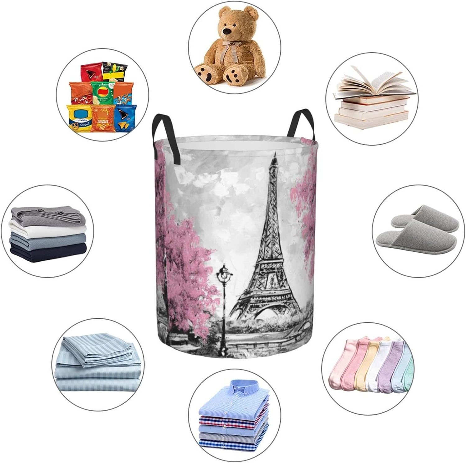 62l Round Laundry Hamper Retro Paris Eiffel Tower Storage Basket Waterproof Coating Organizer Bin For Nursery Clothes Toys