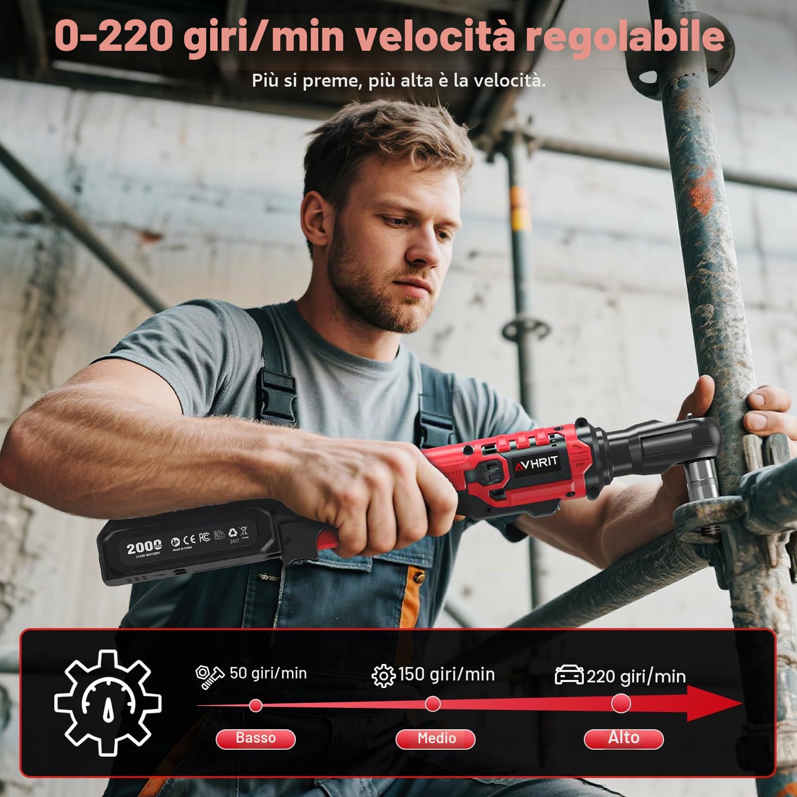 Chiave a cricchetto elettrica 3/8" Senza Fili: 120Nm (88 Ft-lbs) + 200 RPM, con 2 Batterie 2.0Ah, Luce LED e Set da 11 Boccole,Potente chiave elettrica per Auto e Riparazioni Domestiche