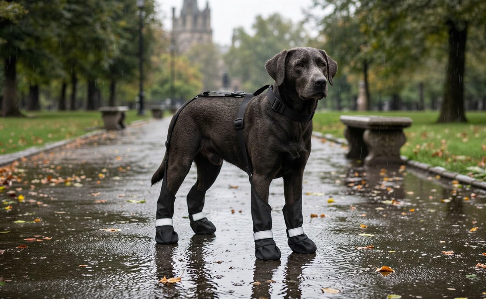 Hundeschuhe mit Hosenträgern, schwarz, Polyester, mit Reflektorstreifen, Größe S, verstellbare Riemen, Pfotenschutz für draußen, rutschfeste Sohle für kleine und mittelgroße Hunde, Umfang 60-70 cm