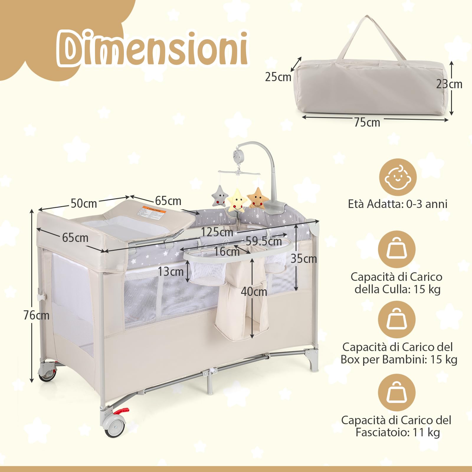 RELAX4LIFE 5 in 1 Lettino da Campeggio per Bambini, Culla Neonato con Fasciatoio e Cingia Fissagio, Carillon e 3 Giocattoli Appesi, Adatto a Bambini da 0 a 36 Mesi (Beige)