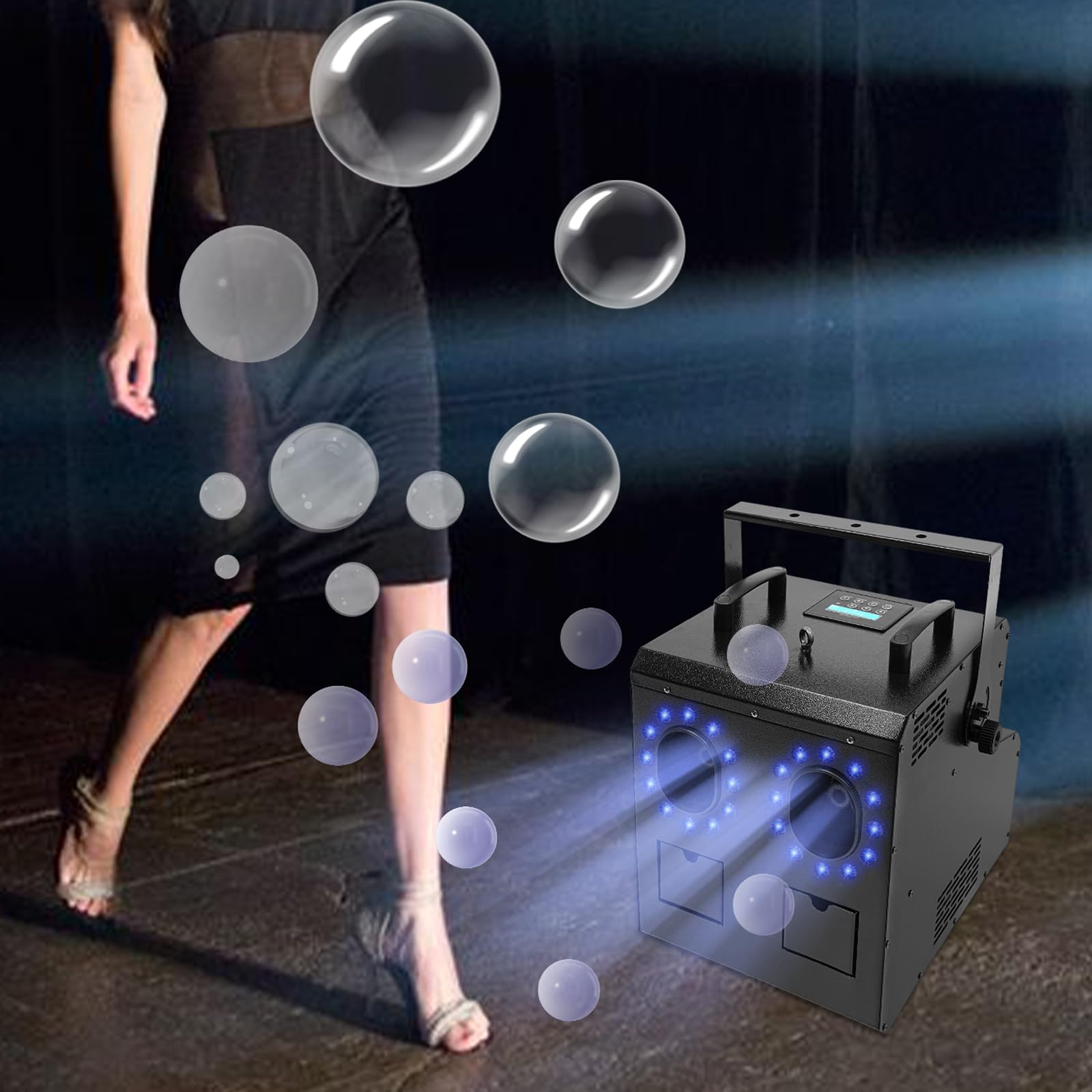 Stage Bubble Fog Machine Combo, 900W 3 in 1 DMX Smoke Bubble Machine with Remote Control Commercial Bubble Fogger Machine with RGBW Lights for Wedding DJ Party -Fog & Bubble & Lighting