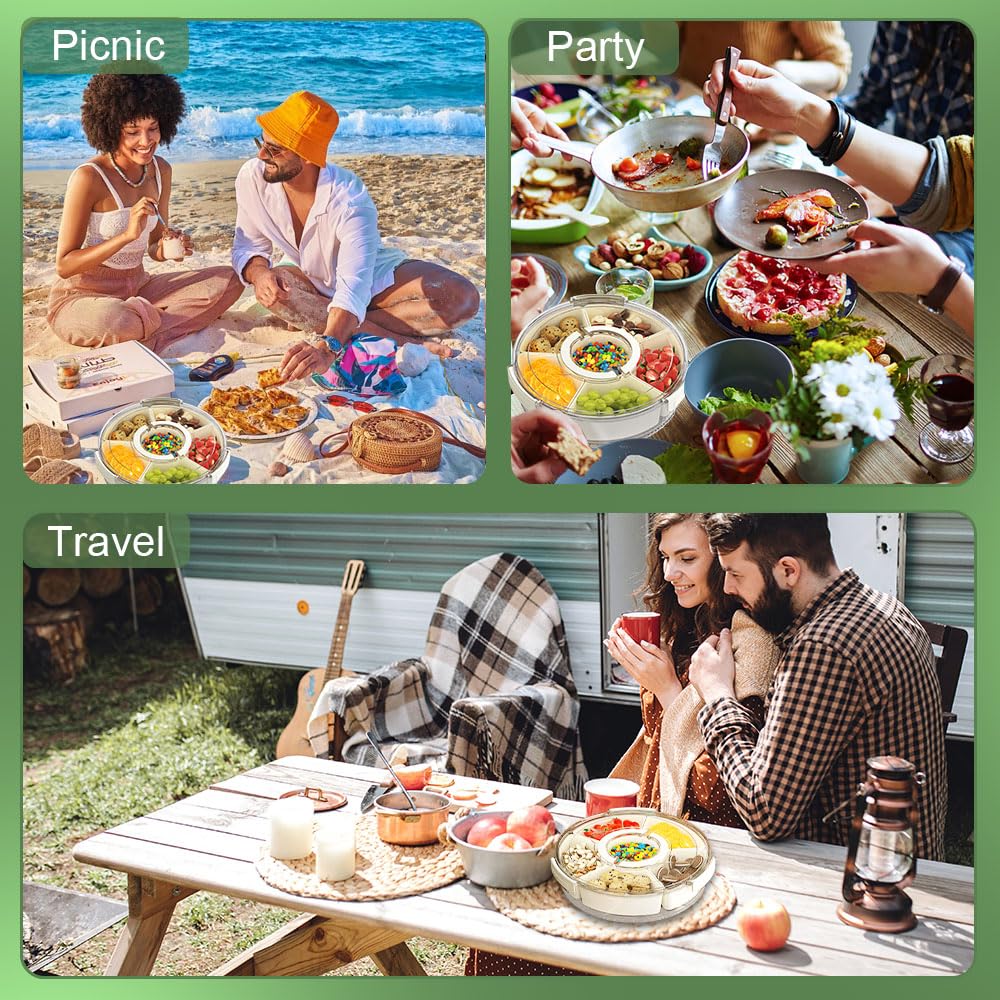 Transport Servierset mit 6 Schalen, Snackbox mit Fächern Groß, Rund Snackbox Drehbar mit Deckel und Griff, Snackteller Transportbox Aufbewahrungsbox für für Party, Picknick