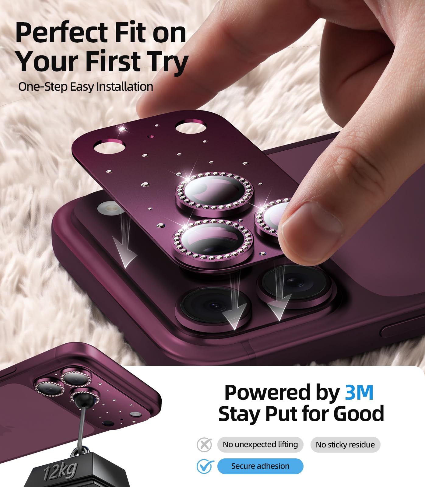 HelloDeere Protection d'objectif d'appareil photo pour iPhone 17 Pro Max, pas facile à casser, ultra brillant, rond, diamant, en verre trempé, cadre en métal, coque d'appareil photo pour iPhone 17 Pro