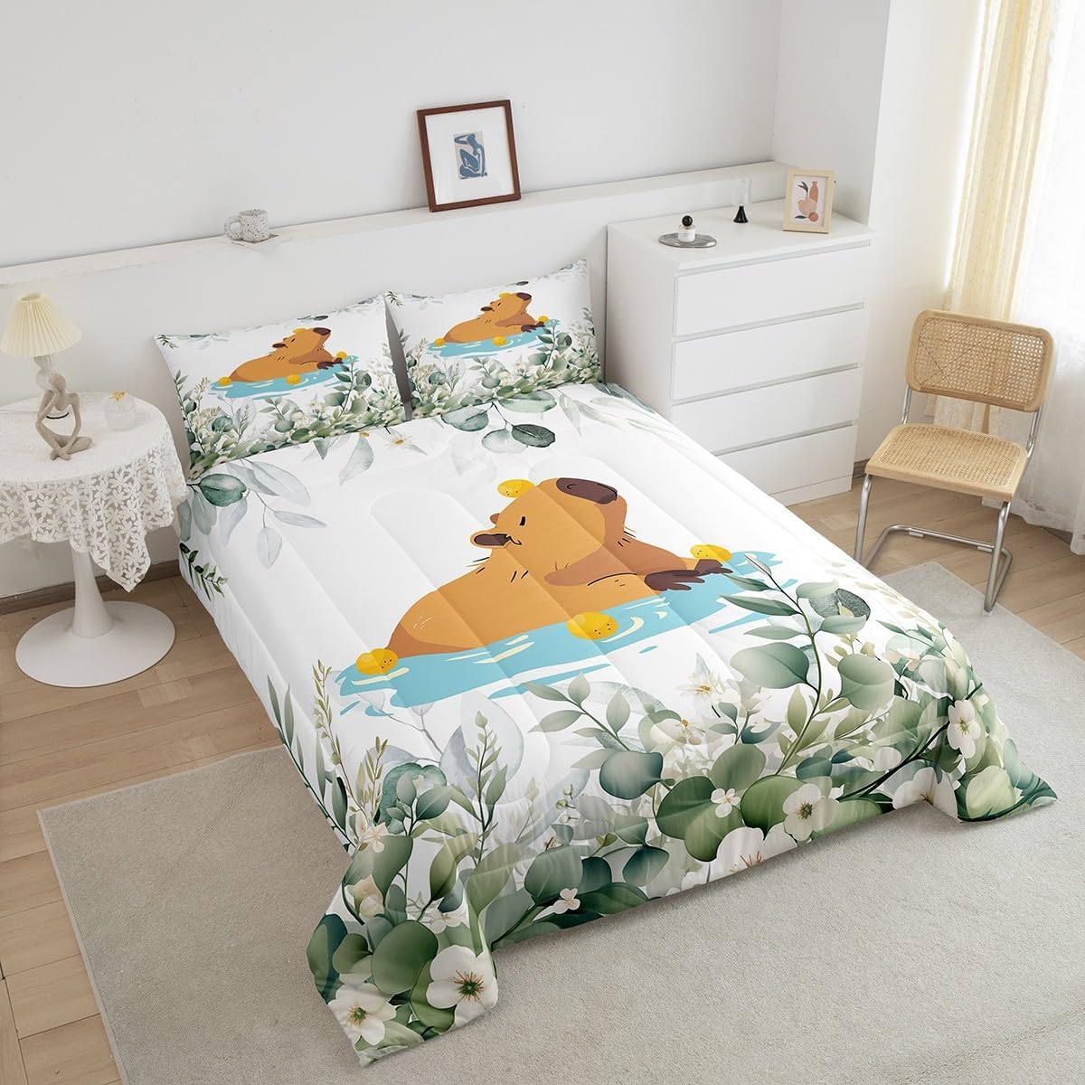 Erosebridal Kawaii Capybara Queen Bedding Sets for Boys Girls Cartoon Animal Comforter Set, Eucalyptus Leaves Down Comforter Cute Wildlife Bedding Comforter Sets, Tropical Plants Duvet Insert