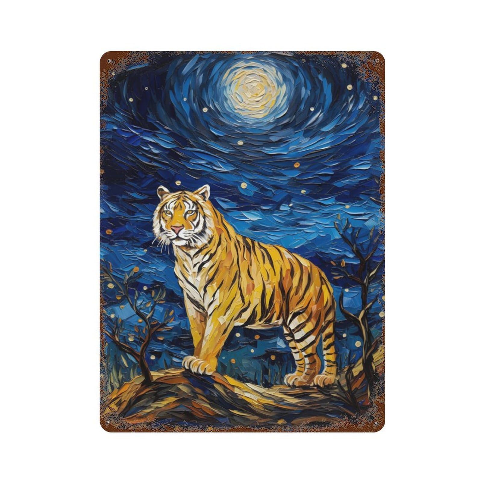 The Starry Night Tiger Weathered Tin Sign 15.7"x11.8", Rustic Home Decor for Office, Studio And Wall Decor