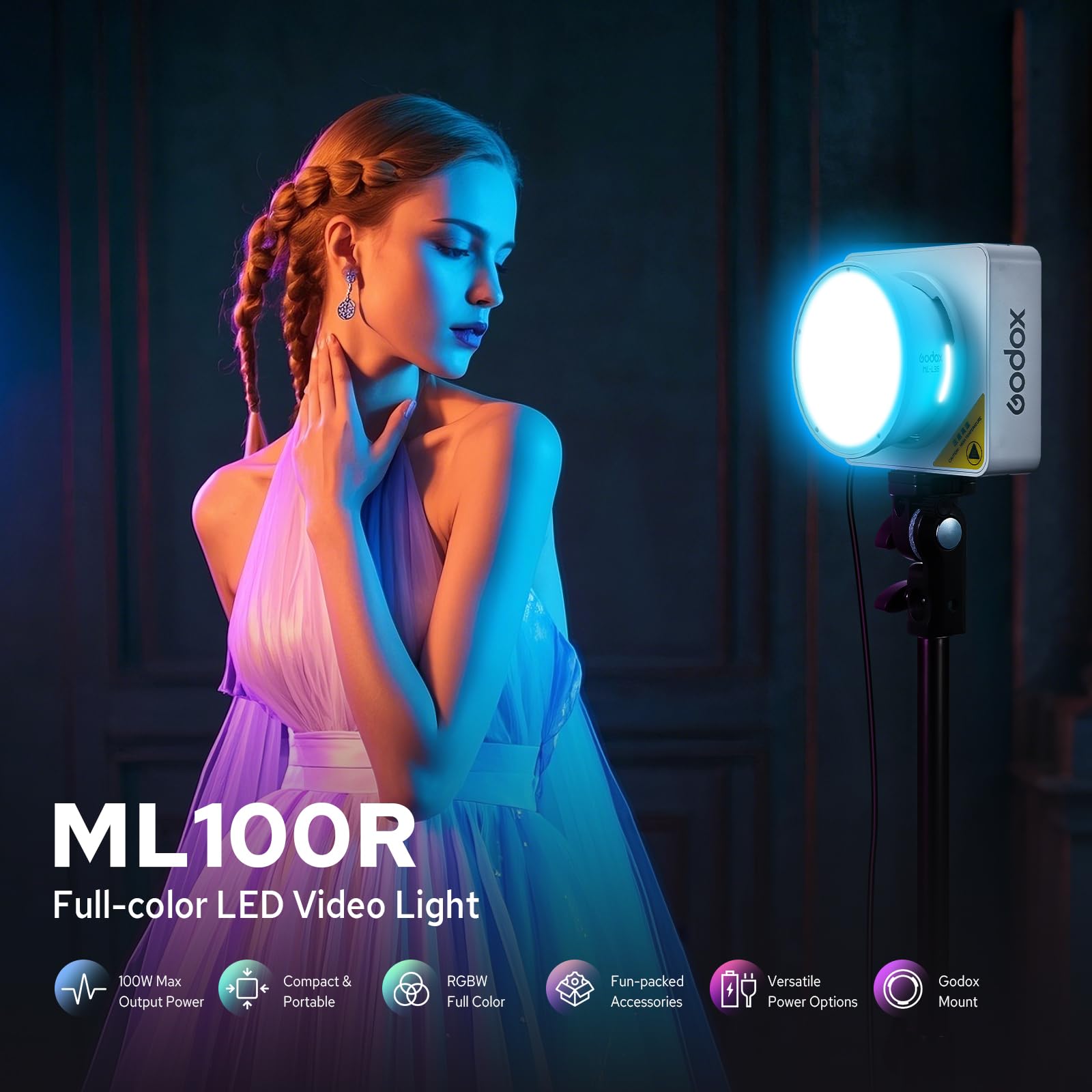 Godox ML100R Lampe vidéo LED Couleur,110Ws Lampe RGB Portable