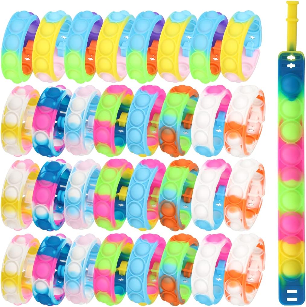 VARWANEO 32PCS Push Pop Bracelet Fidget Toys, Durable and Adjustable Fidget Bracelet Party Favors for Kids Multicolor Stress Relief Finger Press Bracelet for Girls Kids and Adults ADHD ADD Autism