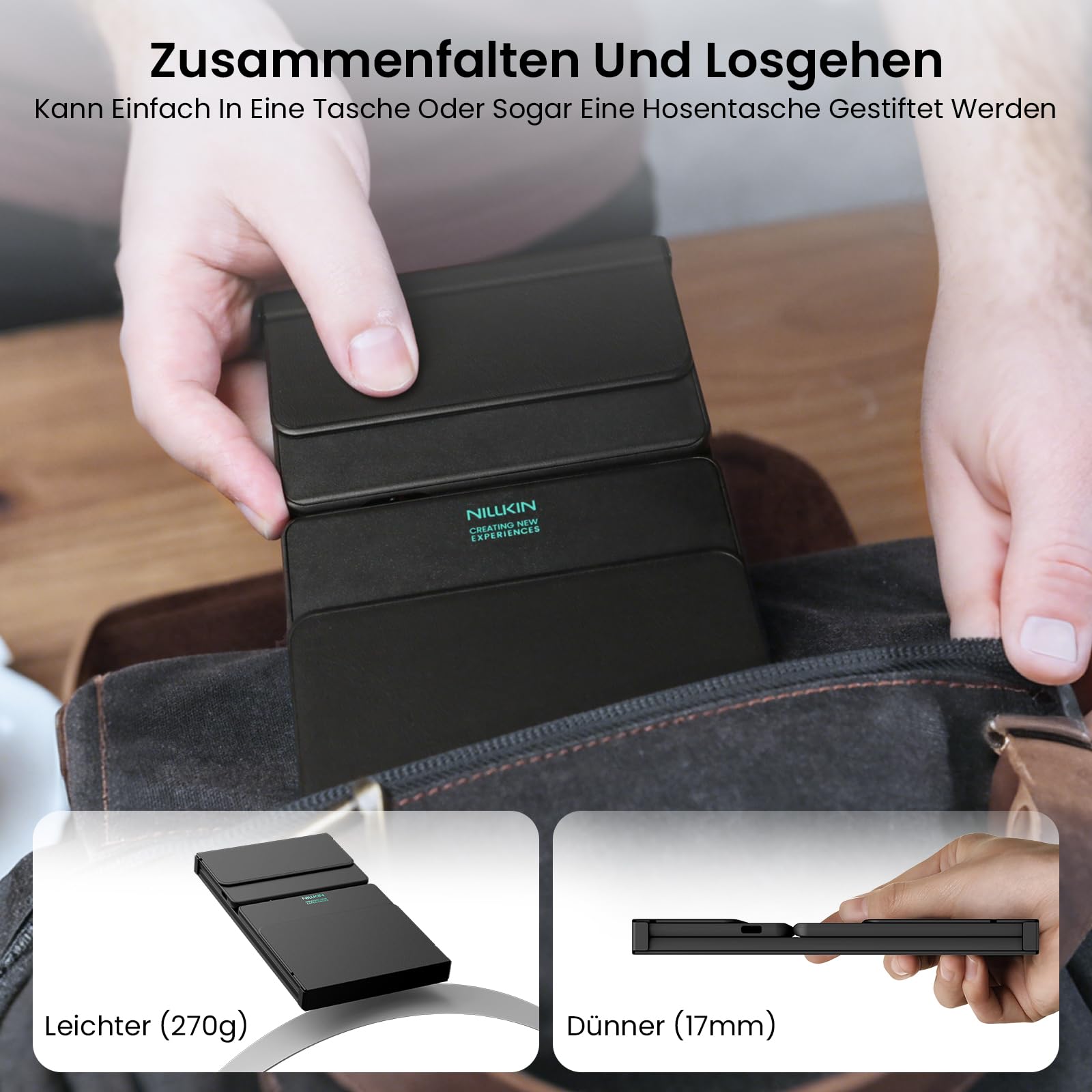 Nillkin Faltbare Bluetooth Tastatur mit Touchpad, Wiederaufladbare QWERTZ-Klapptastatur mit Ziffernblock, Tragbare Mini-Tastatur für iPad, iOS, Android und Windows Laptop & Tablet, Leder-Schwarz