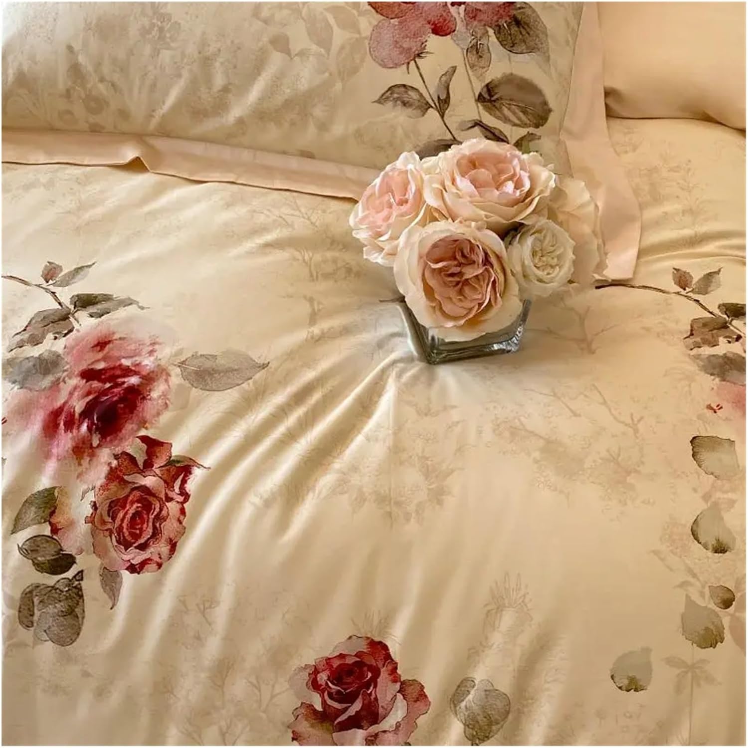 French V-intage Rose Print Bedding Sets 1000TC Egyptian Cotton Soft Silky Flower Pattern Duvet Cover Set Bed Sheets Pillowcases,Bed
