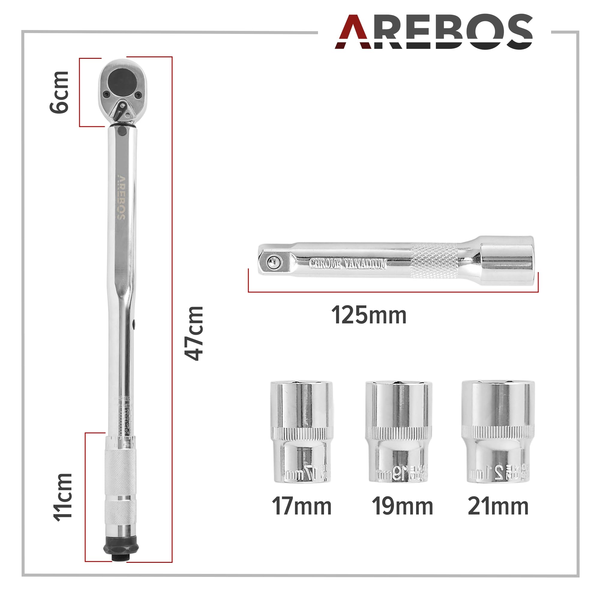 Arebos Klucze dynamometryczne 6-częściowy zestaw | 40-210 Nm, 1/2" cala | w zestawie klucze nasadowe 17, 19 i 21 mm, przedłużenie, rękawice montażowe i walizka | tolerancja +/- 4% | klucz do opon