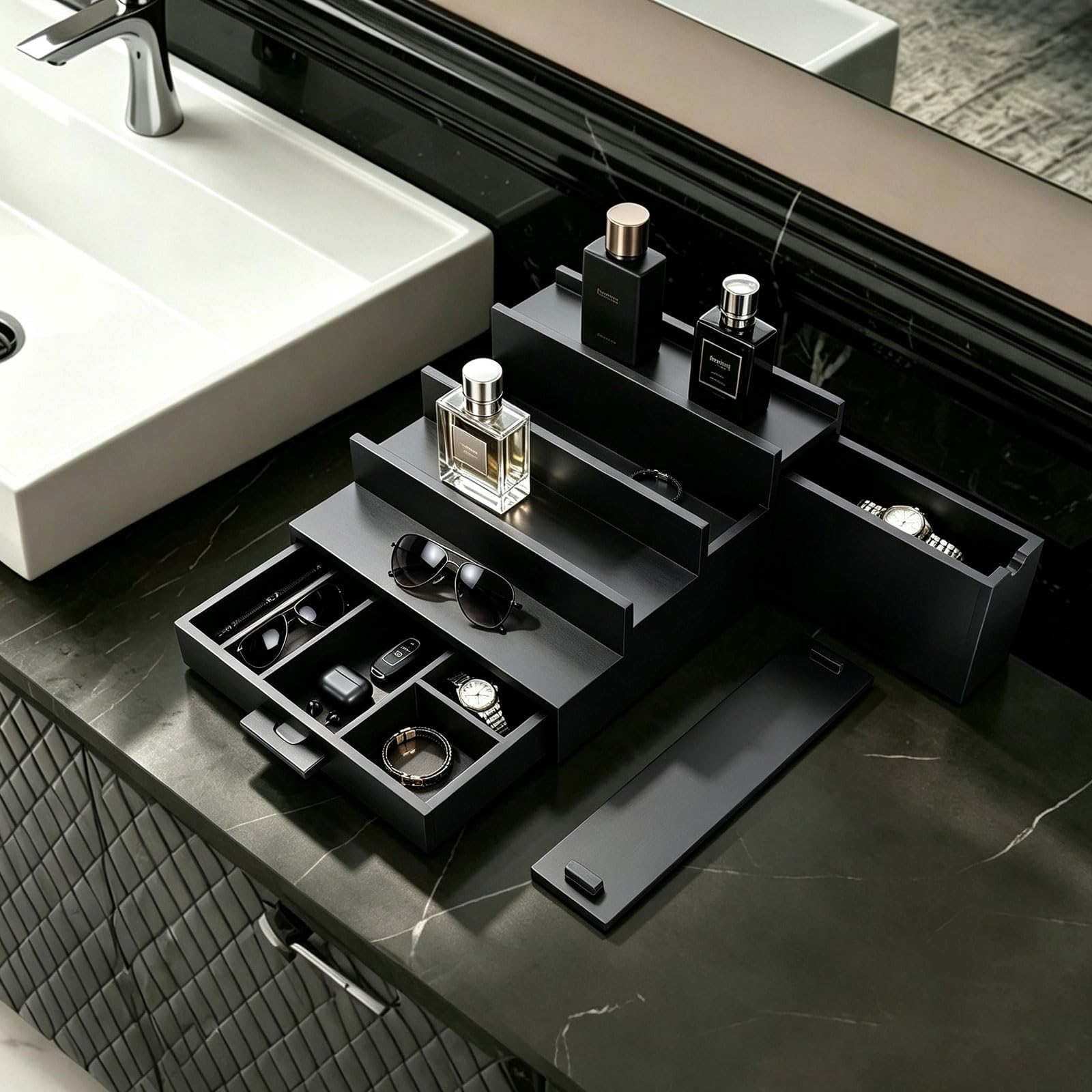 Cologne Organizer per uomo, 4 ripiani, in noce, con cassetto portaoggetti | Il ripiano nero contiene colonia, orologi, gioielli e cura della pelle, regalo per papà, robusto organizer in noce per bagno