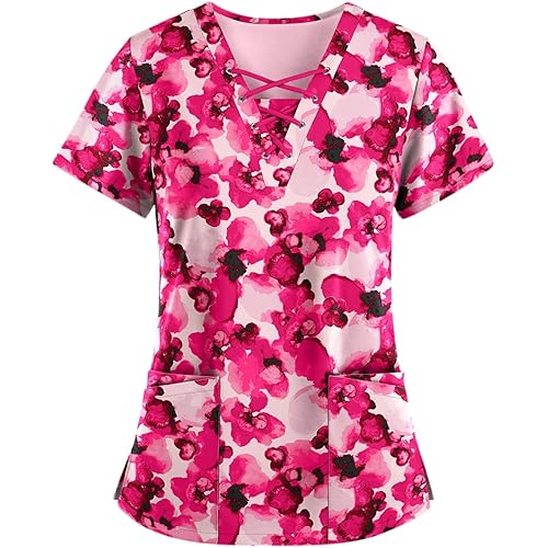 HXHYQKP Womens Plus Size Scrub Tops 2024 Print Nurse Uniforms for Women Short Sleeve V-Neck Shirts Tops with Pockets