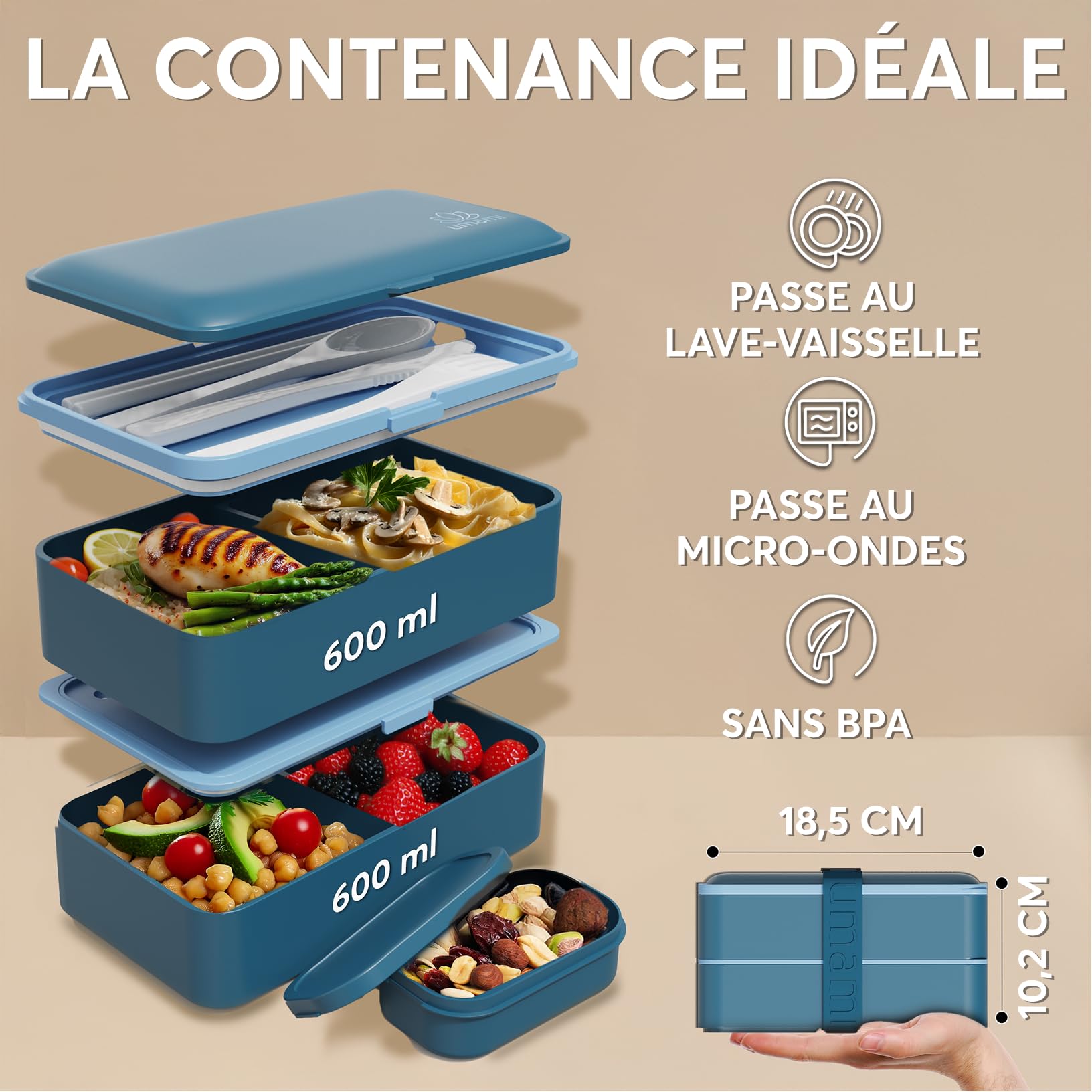 Boîte à salade 1300 ml bento pour le déjeuner, sans bpa, 3 compartiments pour salade et Boîte à salade 1300 ml bento pour le déjeuner, sans bpa, 3 compartiments pour salade et